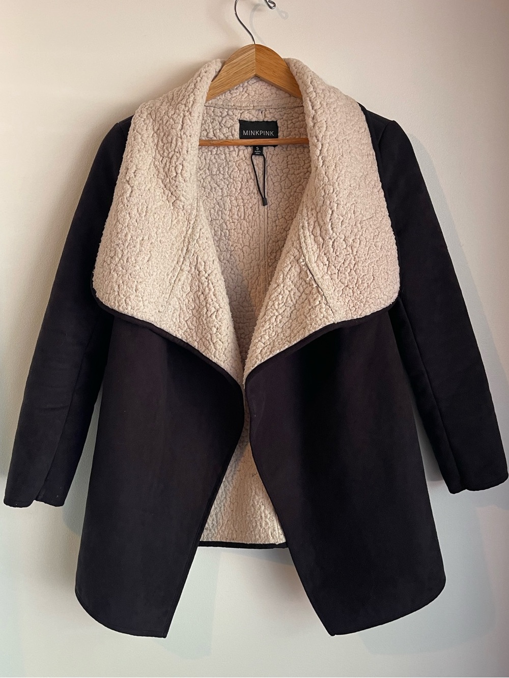 MINKPINK Faux Suede Shearling Open Front Jacket Black Cream Small Sherpa